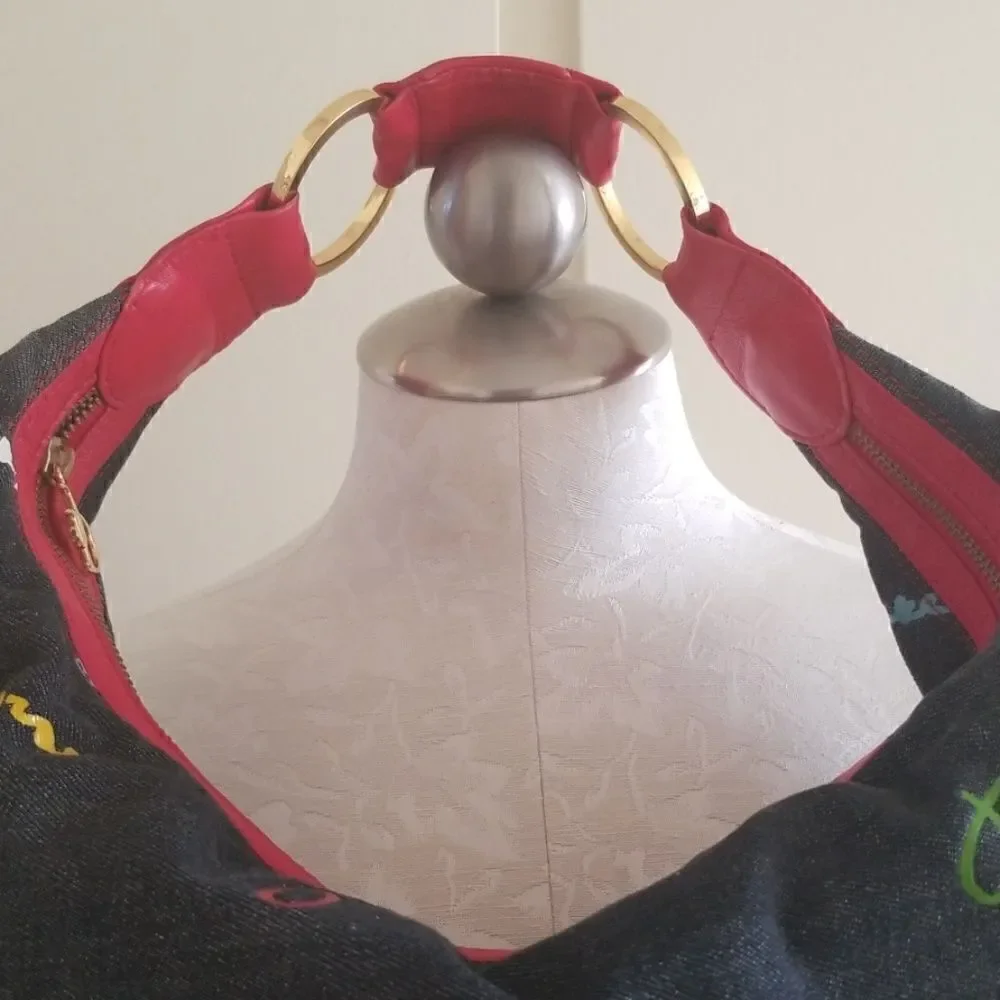 Junior Drake denim/red leather hobo bag, nwot